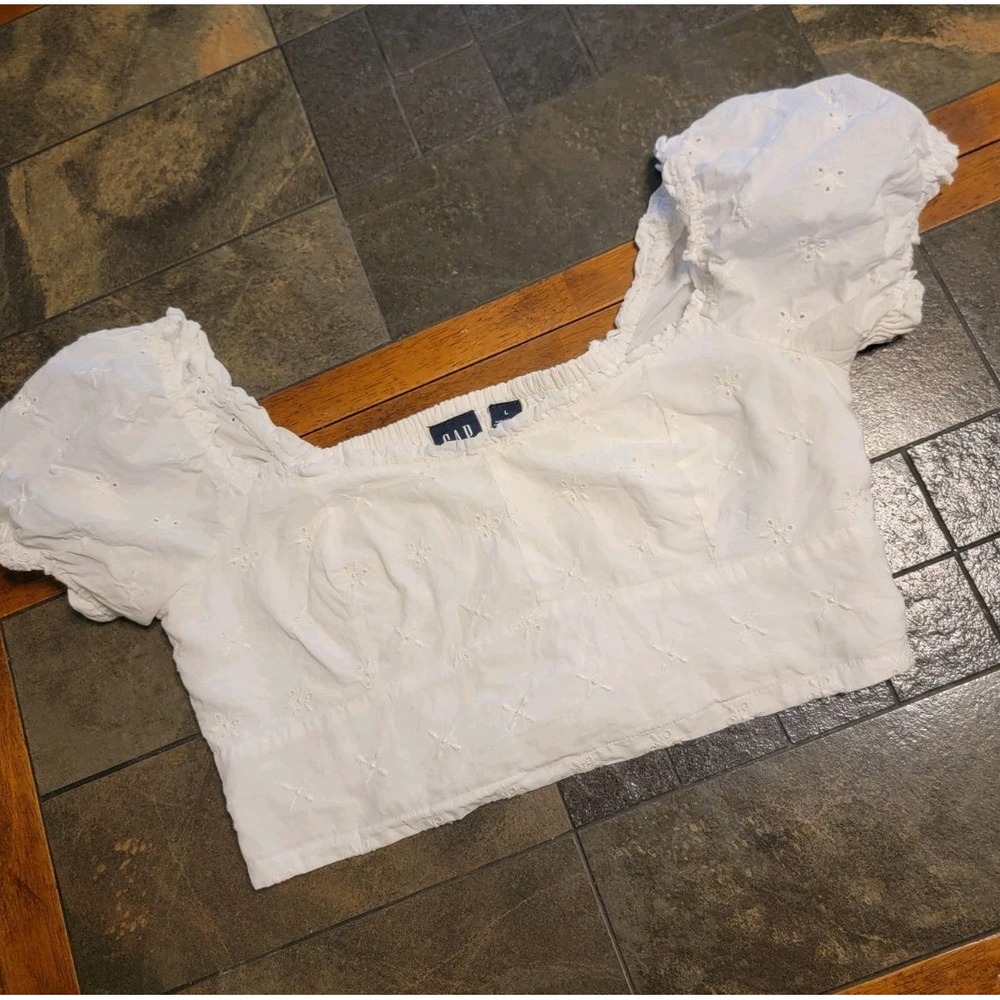 Puff Sleeve‎ Cropped Babydoll White Eyelet Lace GAP Milkmaid Celestial Y2K L